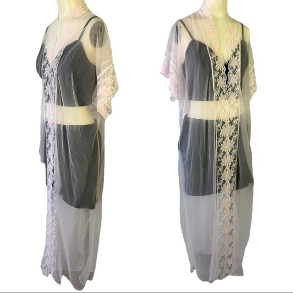 LADY CAMEO PINK LACE NIGHTWEAR LONG SHEER ROMANTIC ROBE VINTAGE  WOMEN LARGE - Picture 16 of 16
